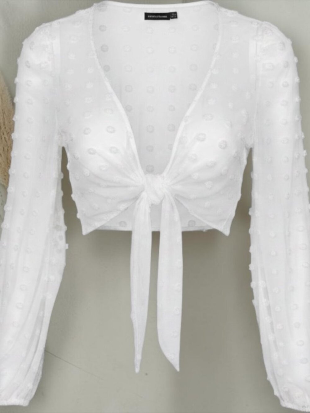 PrettyLittleThing White Sheer Clip Dot Tie Front Crop Top Size 10